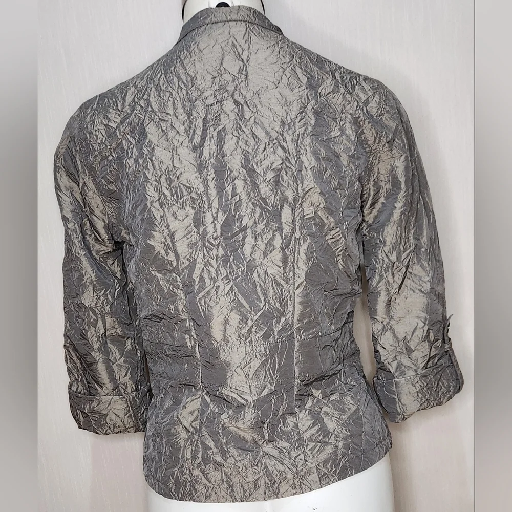 Chicos Jacket Size 0 Crinkled Sheen Jolena 3/4 Sleeve Open Front Egyptian Sand - Picture 2 of 8
